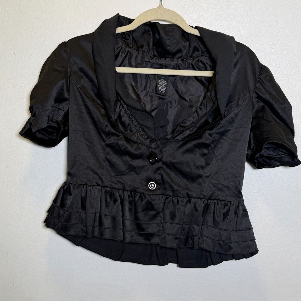 What’s Hot Black Ruffle Peplum Blouse Puff Sleeve Retro Gothic Top L